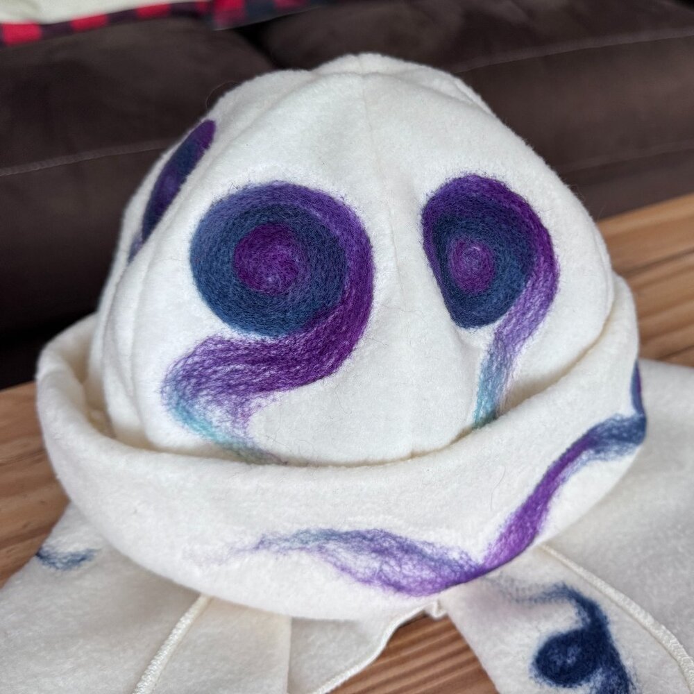 NEW Hand-felted hat and scarf set. Cream with purple and blue. Craft fare